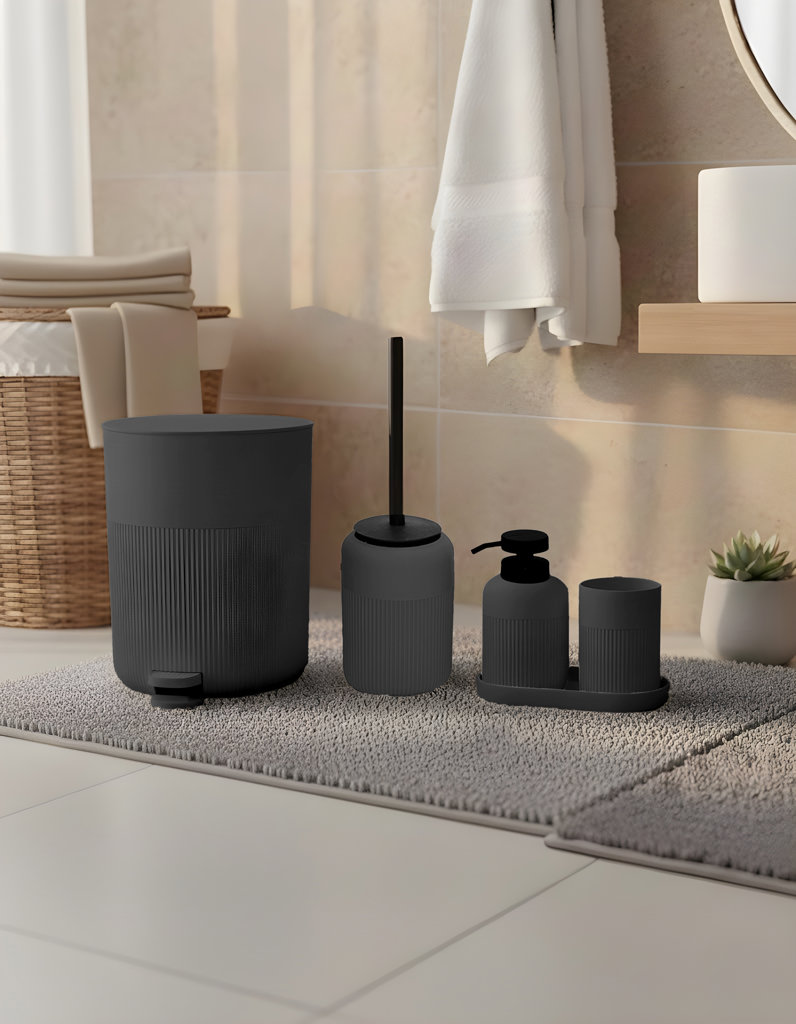 U/7 ÇİZGİLİ YUVARLAK GRİ 5 PARÇA BANYO SETİ