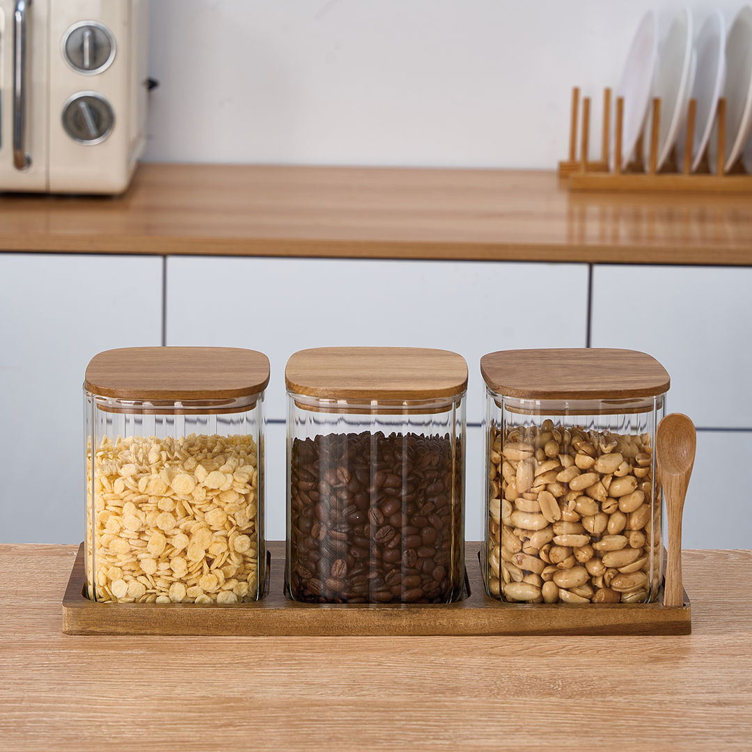 AKASYA STANDLI ÇİZGİLİ CAM BAHARATLIK SETİ  KARE