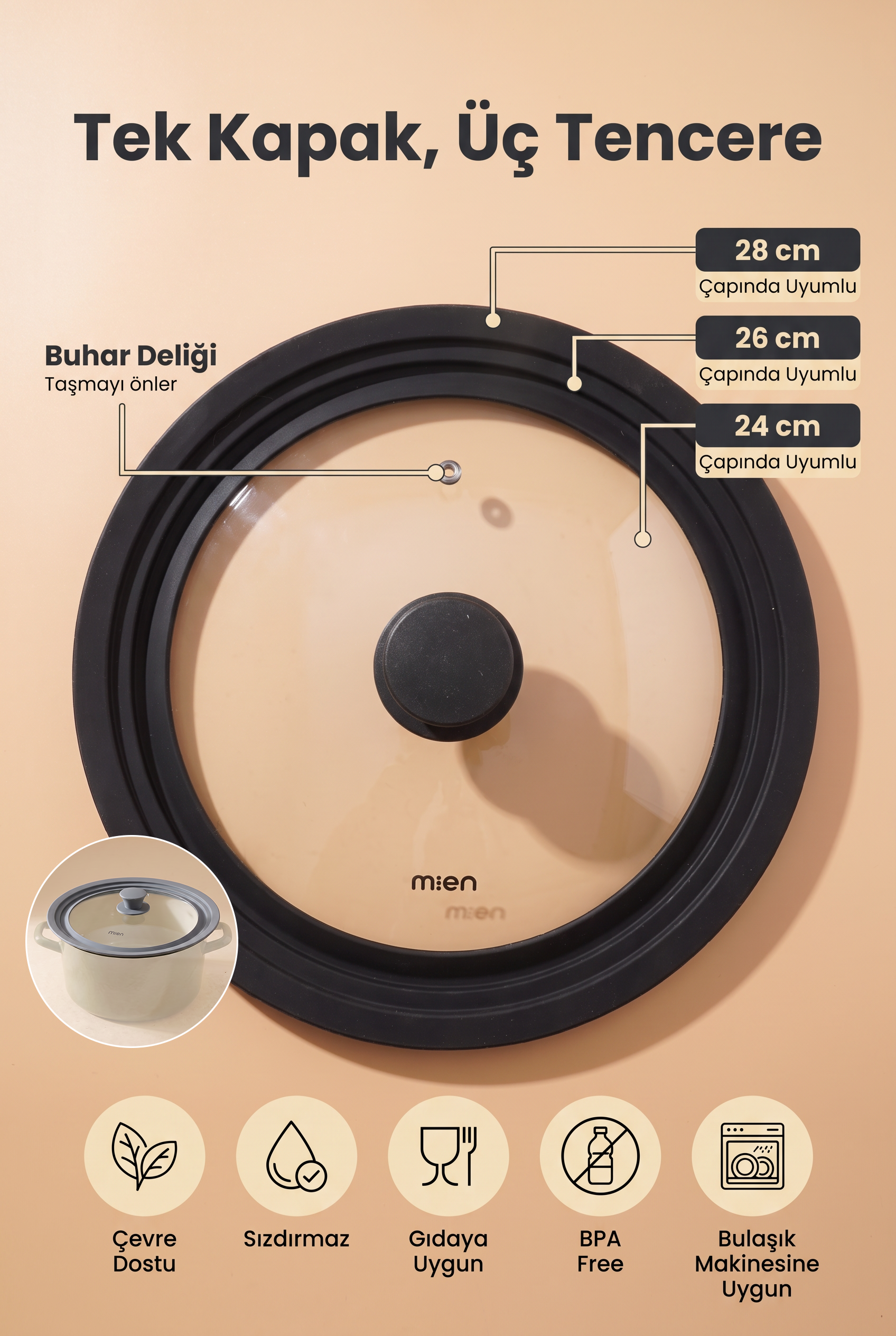 SİYAH ve GRİ SİLİKON RİMLİ TENCERE KAPAĞI 24-26-28 CM